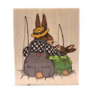 HOLLY POND HILL Susan Wheeler Wood Rubber Rabbit Stamp Fishing Buddies